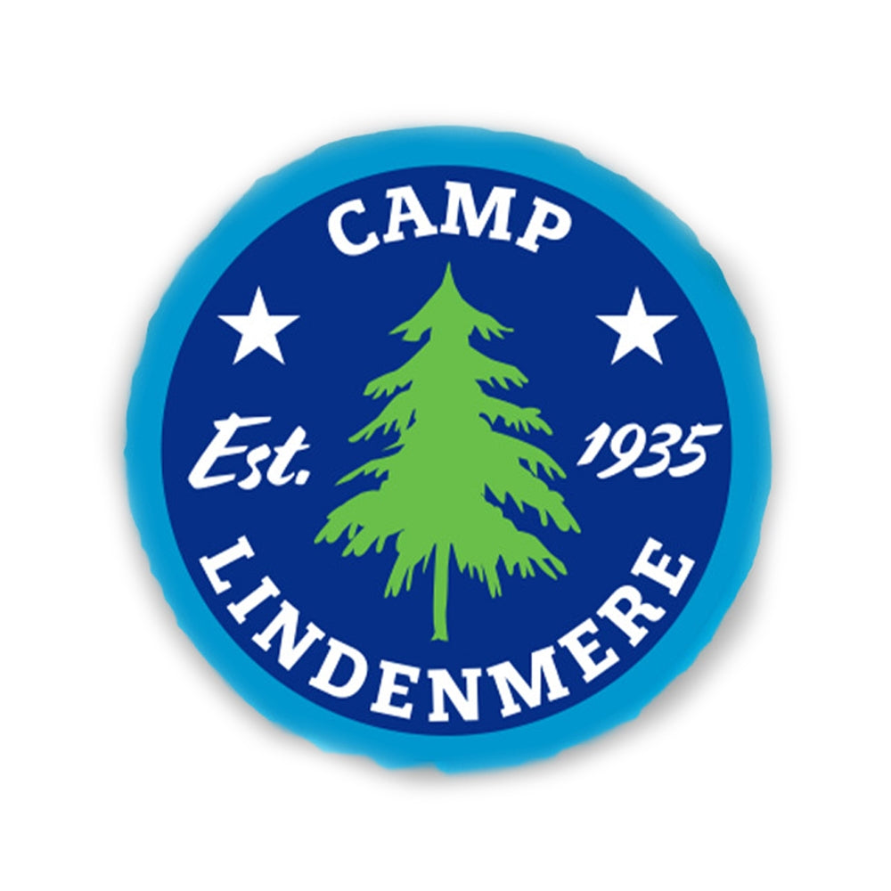 Camp Lindenmere circular logo with a green pine tree and text established 1935