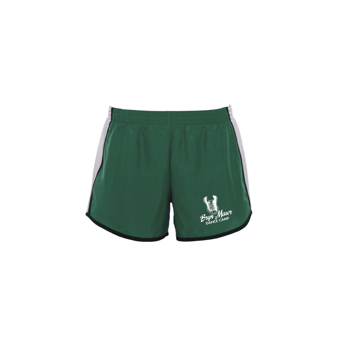 Green athletic shorts with white side panels and Bryn Mawr Dance Camp logo