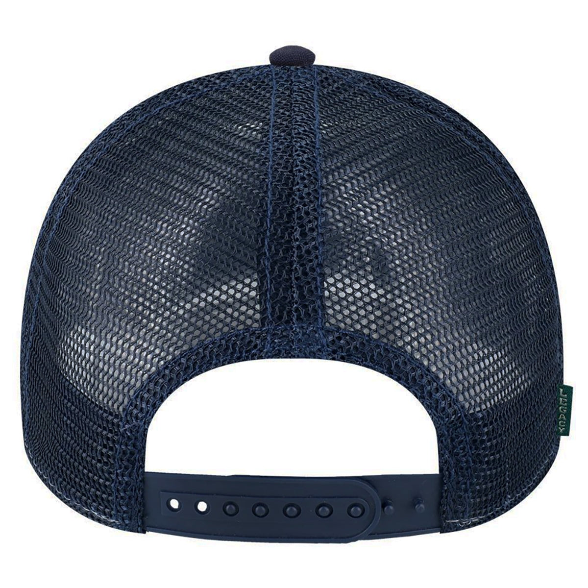Back view of a navy blue trucker hat with a mesh back and adjustable snapback closure