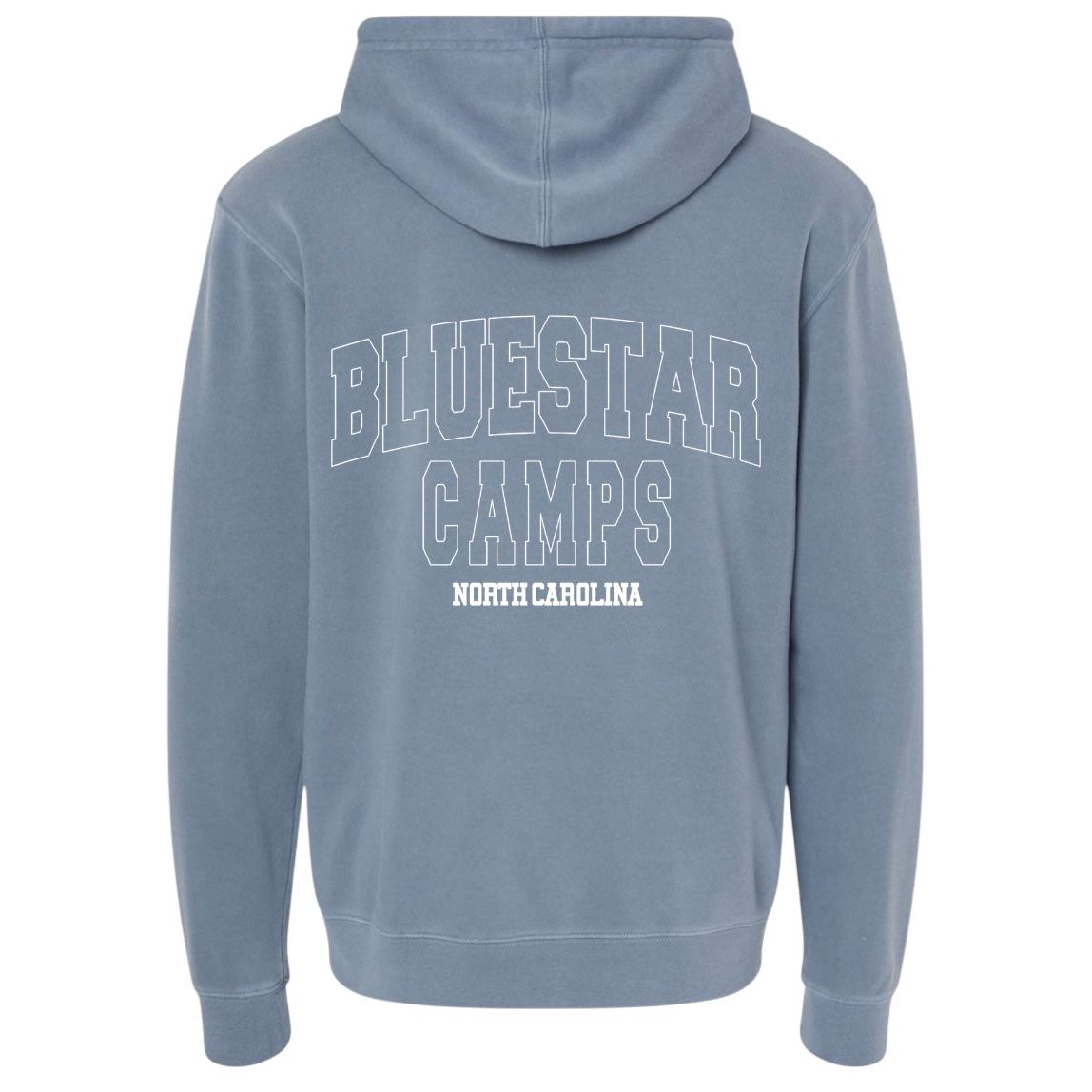 Blue hoodie with Bluestar Camps North Carolina text printed on the back