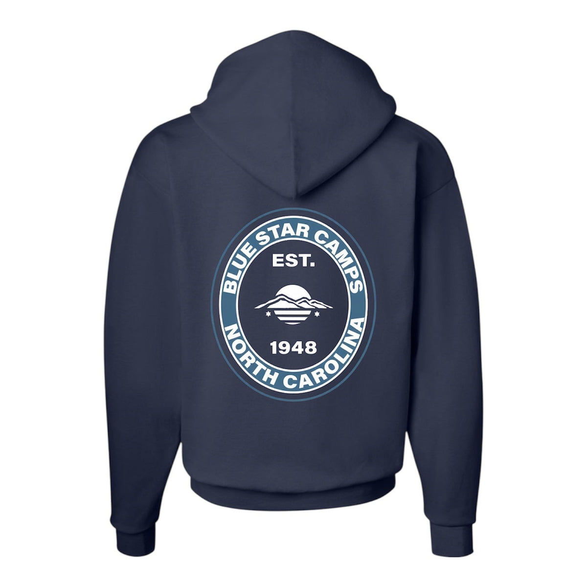 Back view of a navy blue hoodie featuring a Blue Star Camps North Carolina logo