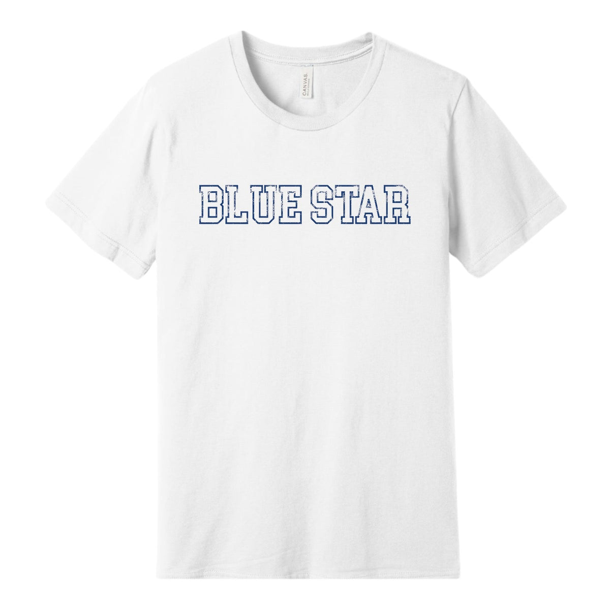 White t-shirt with blue star text in a varsity font