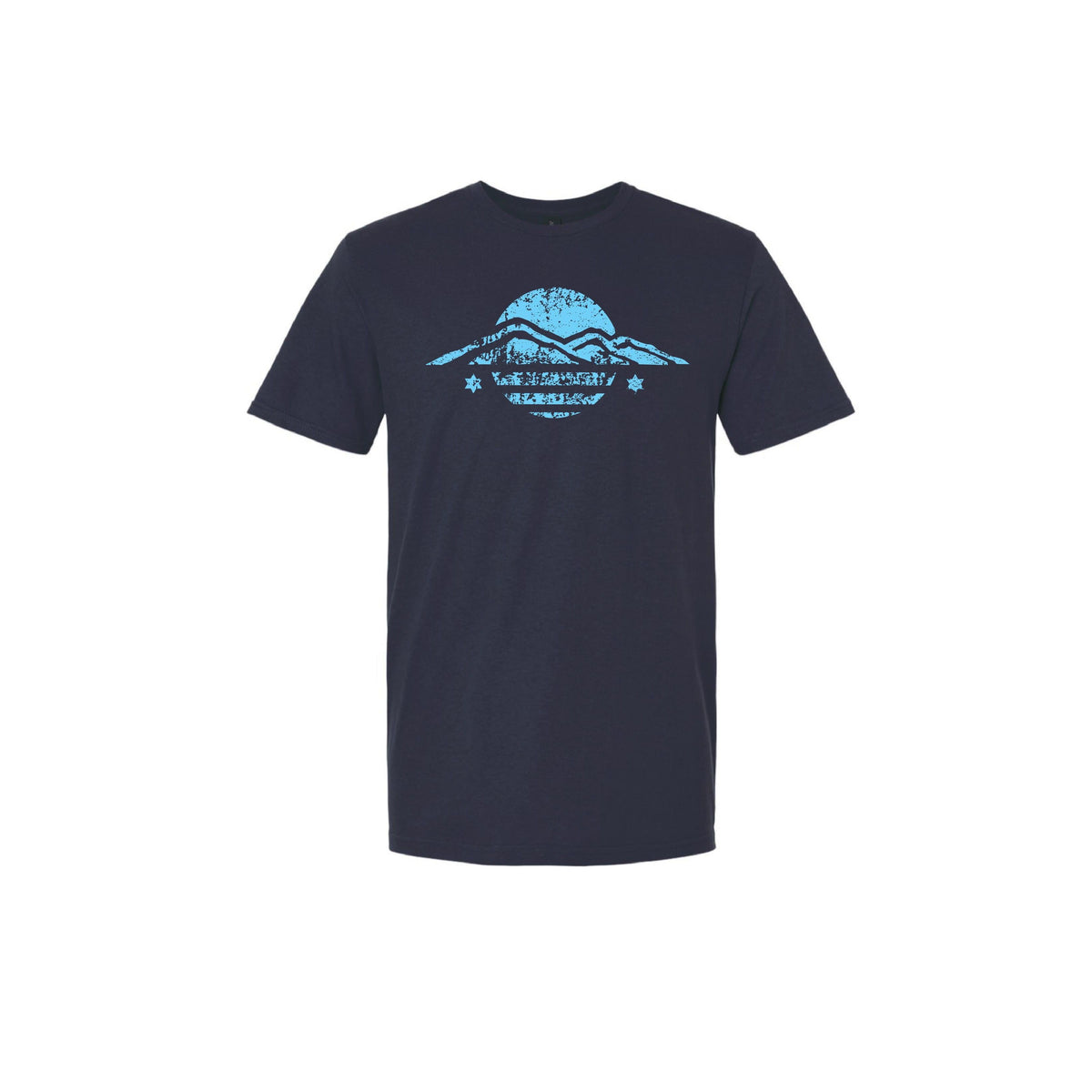 Navy blue t-shirt with a distressed light blue mountain and sun graphic on the chest