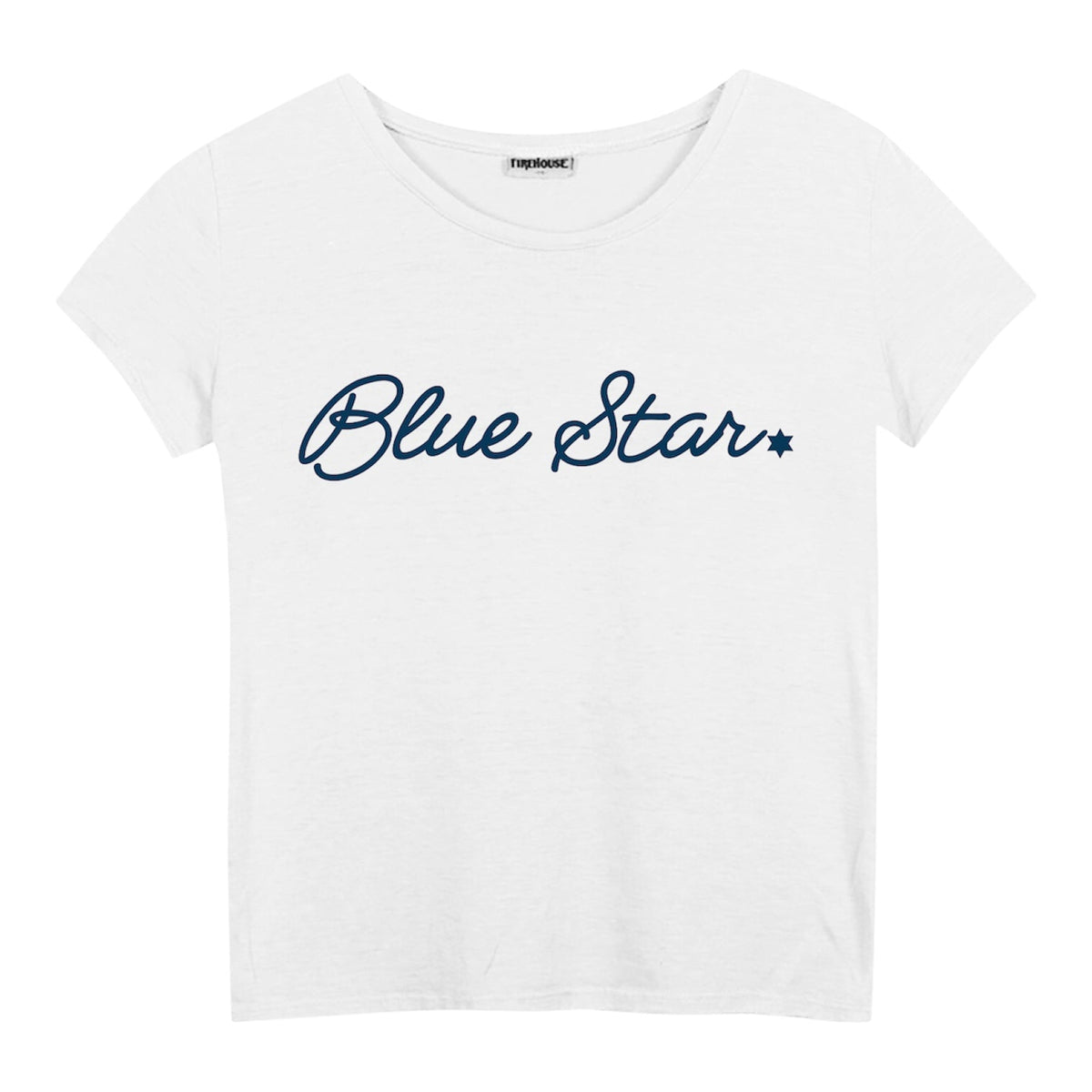 White short sleeve t-shirt with Blue Star text and a small star icon in navy blue