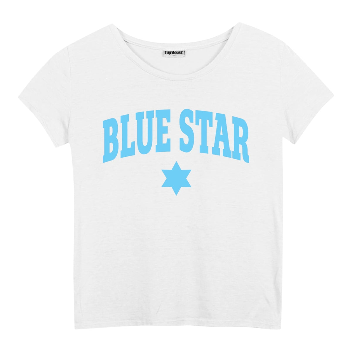White short sleeve t-shirt with Blue Star text and a star icon in light blue
