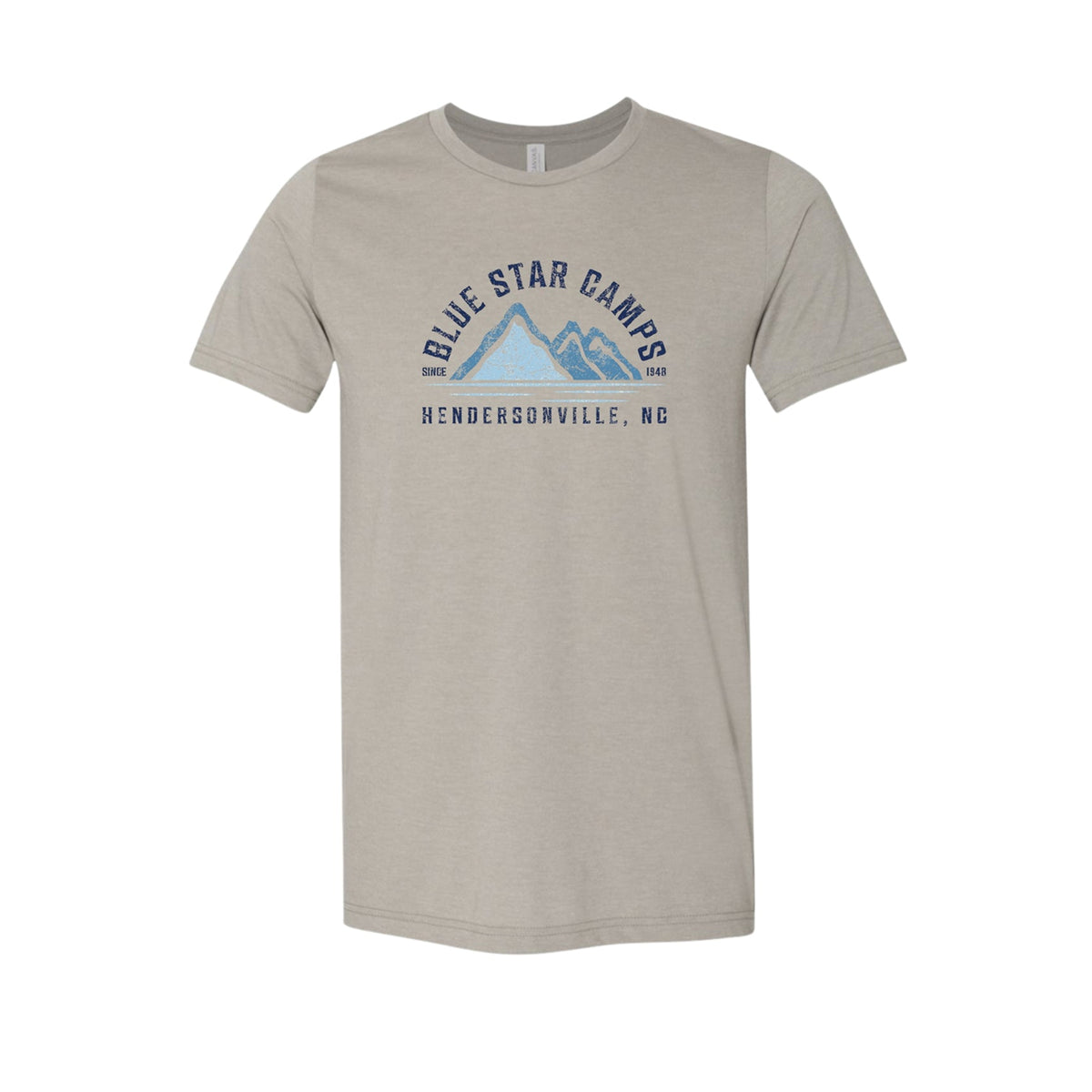 Grey crew neck t-shirt with Blue Star Camps mountain graphic