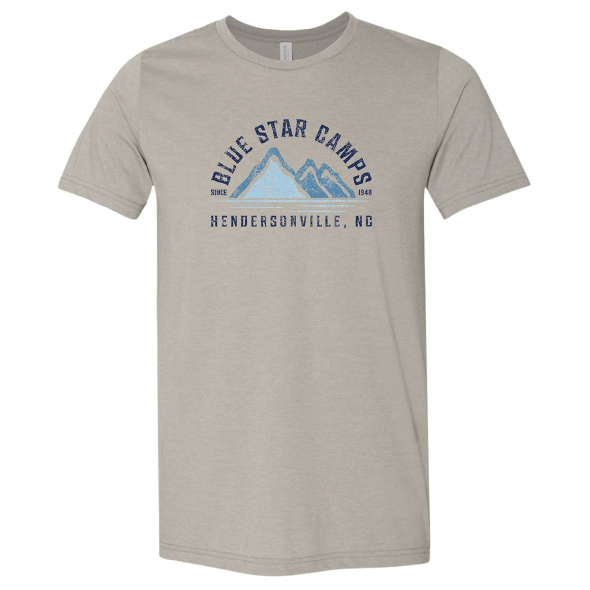 Grey crew neck t-shirt with Blue Star Camps mountain graphic
