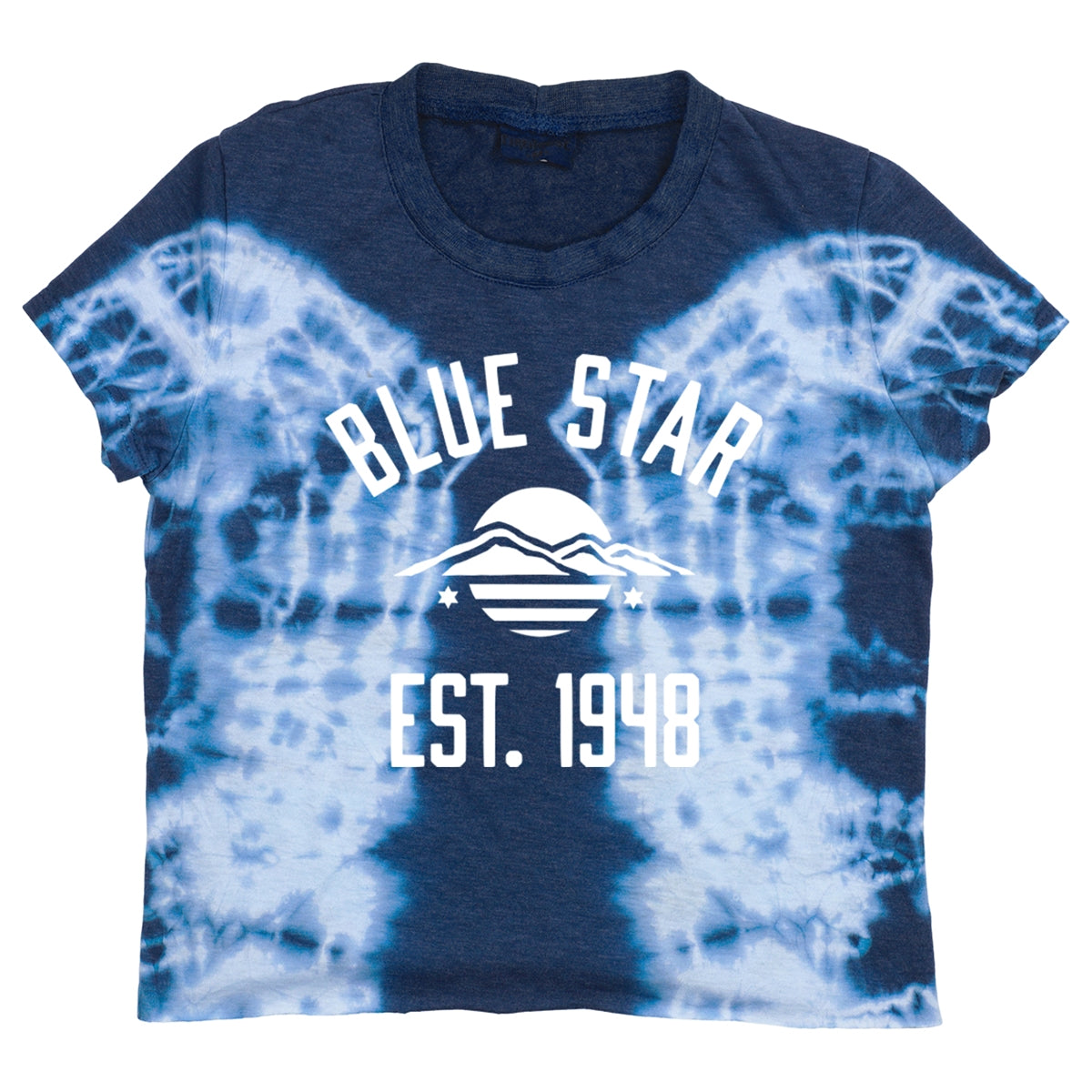 Blue tie dye short sleeve t-shirt with Blue Star Est 1948 graphic