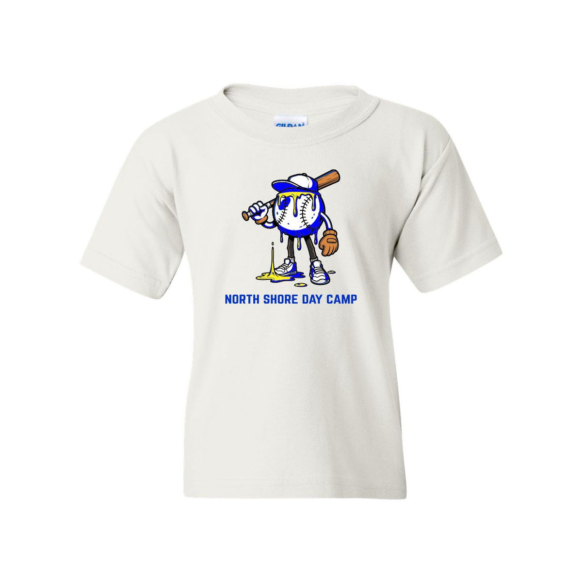 White t-shirt with North Shore Day Camp logo featuring a cartoon baseball character holding a bat