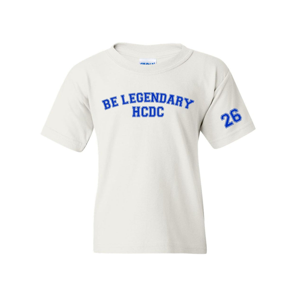 White short sleeve t-shirt with blue text Be Legendary HCDC and number 26 on the sleeve