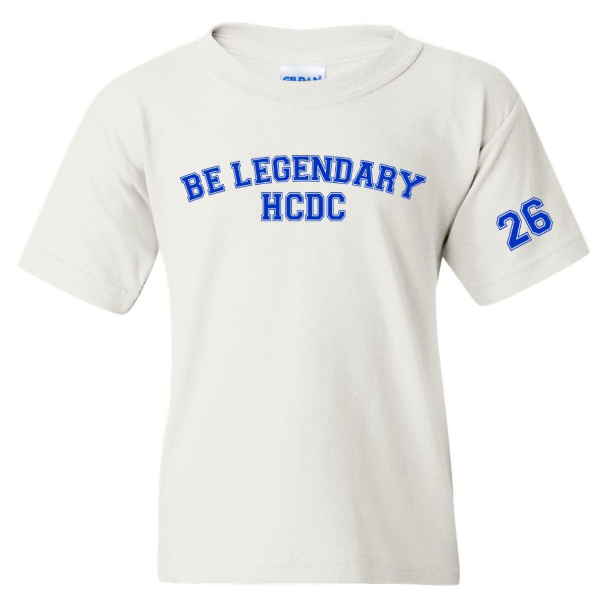 White short sleeve t-shirt with blue text Be Legendary HCDC and number 26 on the sleeve