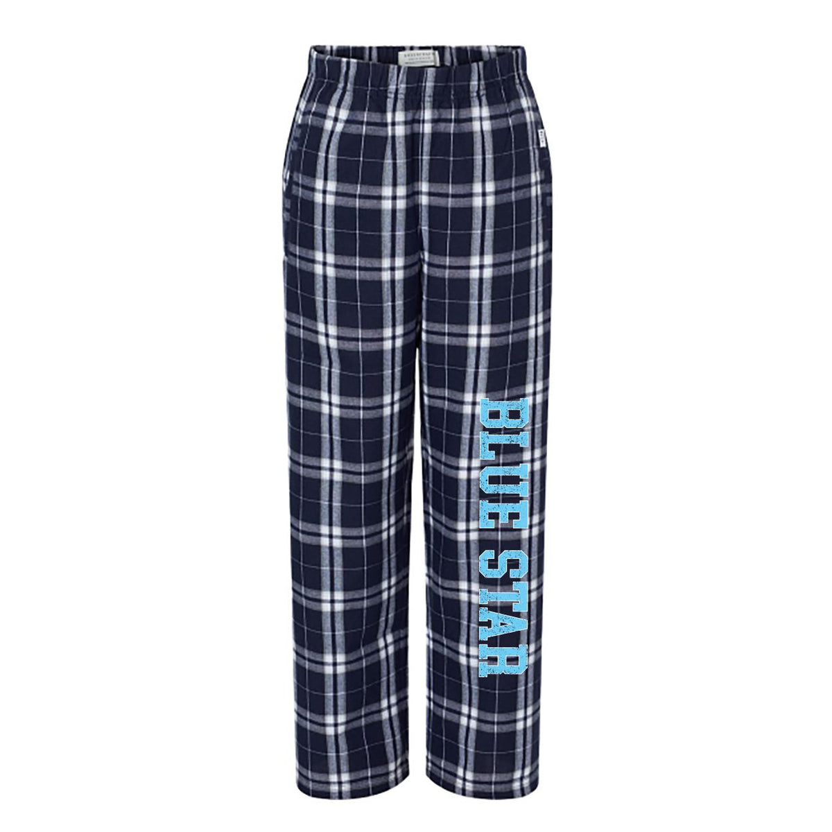 Navy and white plaid flannel pajama pants with Blue Star text on the left leg
