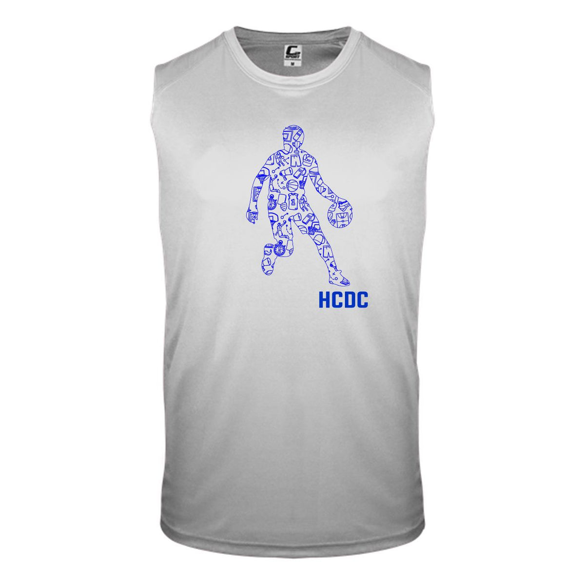 Light grey sleeveless basketball jersey with blue graphic of basketball player filled with sports icons and HCDC text