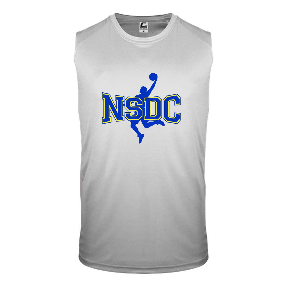 Grey sleeveless athletic shirt with blue and yellow NSDC basketball graphic