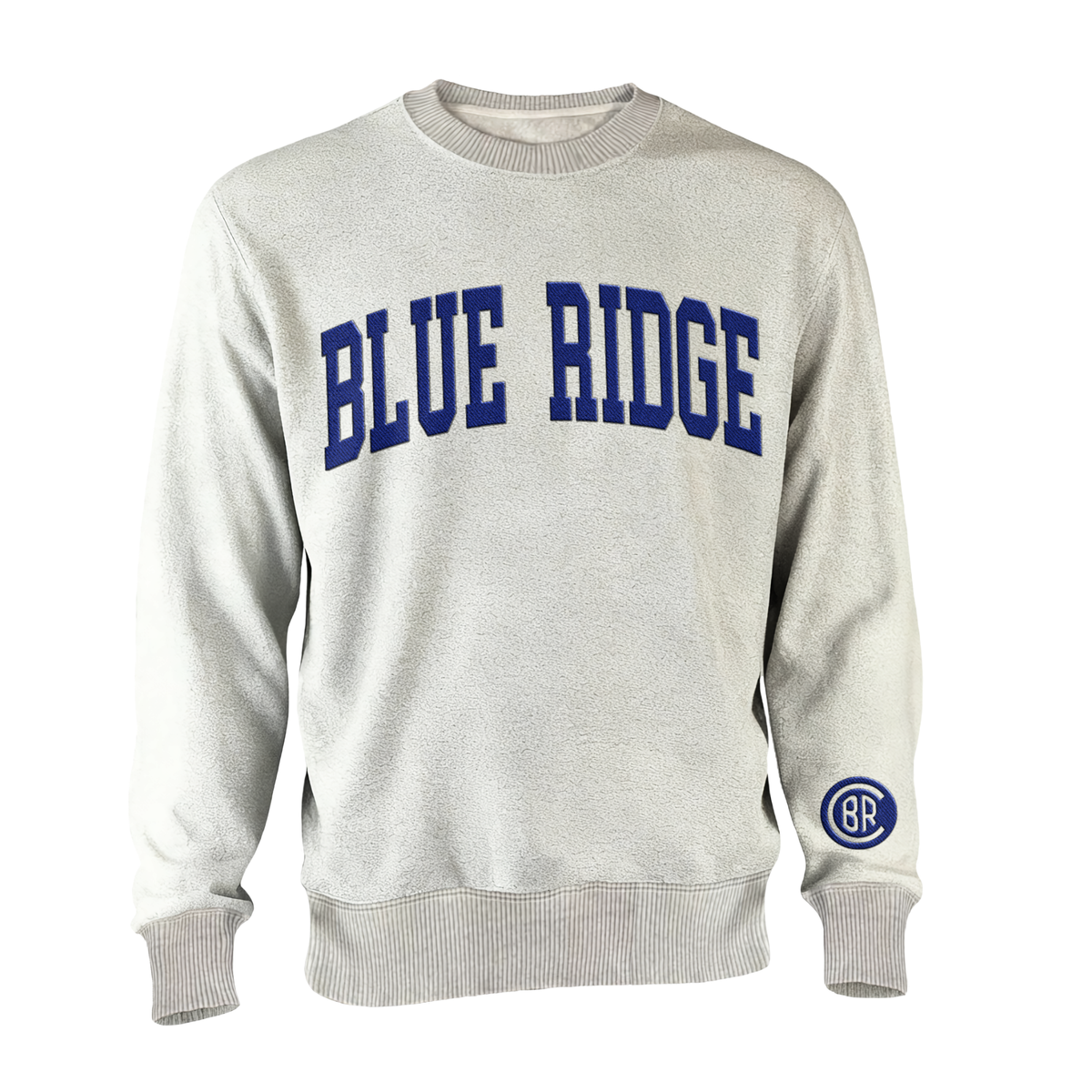 Light grey crewneck sweatshirt with Blue Ridge text in blue and a circular BR logo on the left sleeve