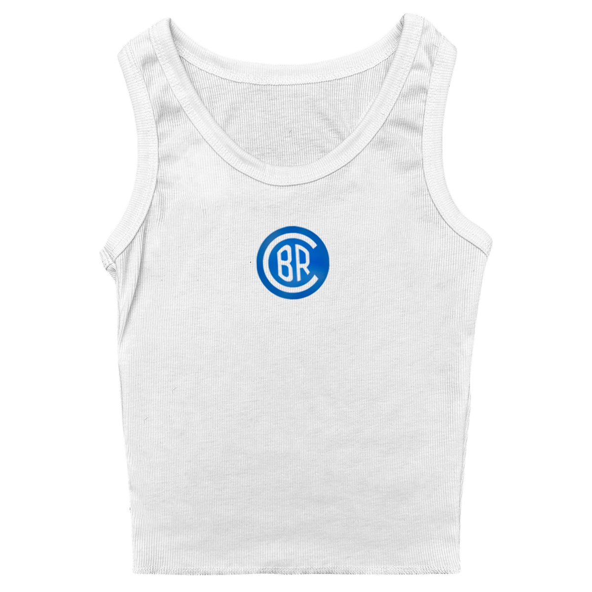 White ribbed tank top with a blue circular BR logo on the chest