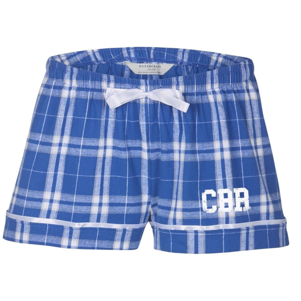 Blue and white plaid pajama shorts with white ribbon trim and CBR lettering