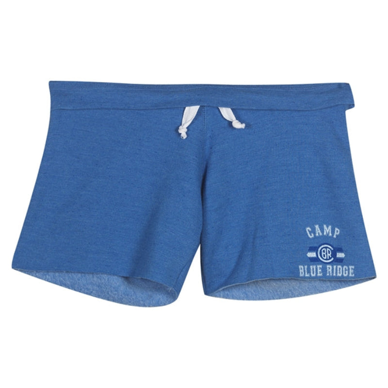 Blue cotton shorts with white drawstring and Camp Blue Ridge logo