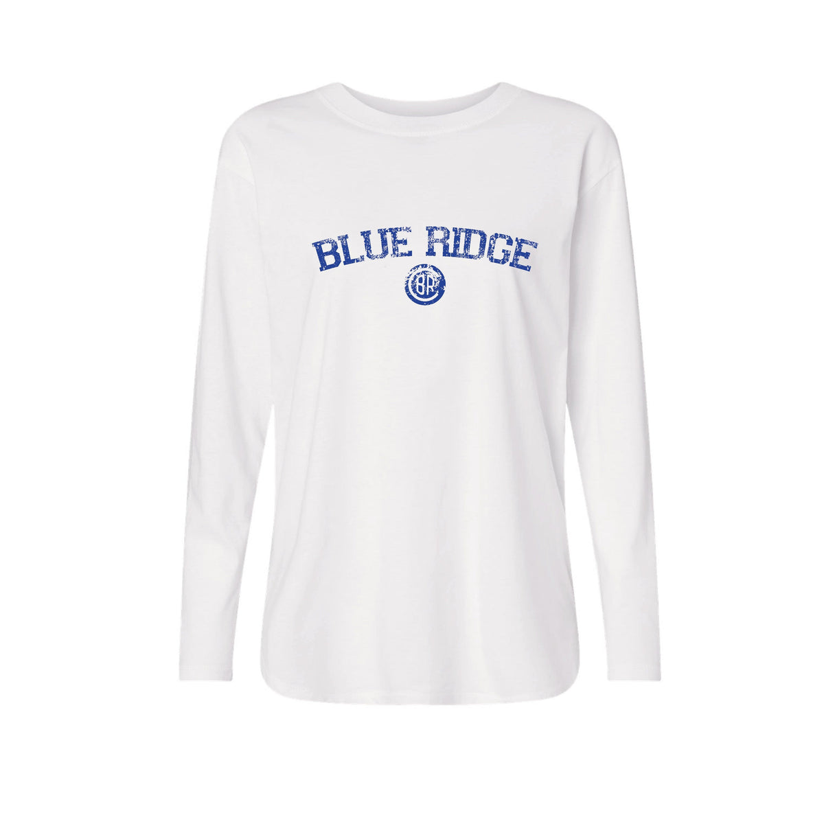 White long sleeve shirt with Blue Ridge text and circular BR logo in blue