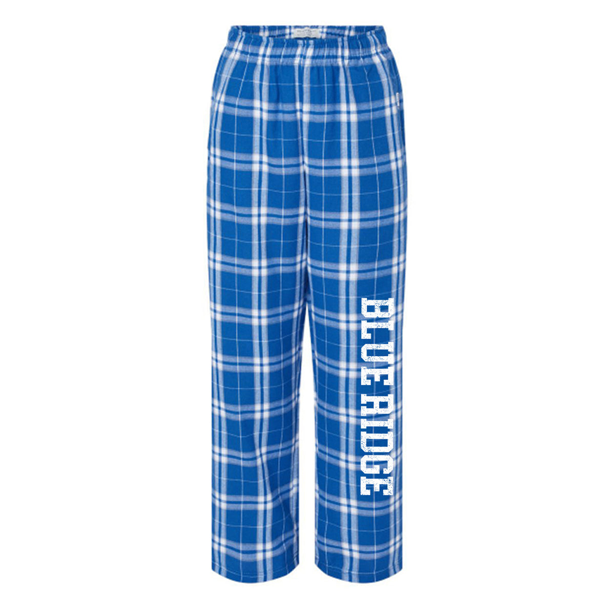 Blue and white plaid pajama pants with Blue Ridge text printed on the left leg