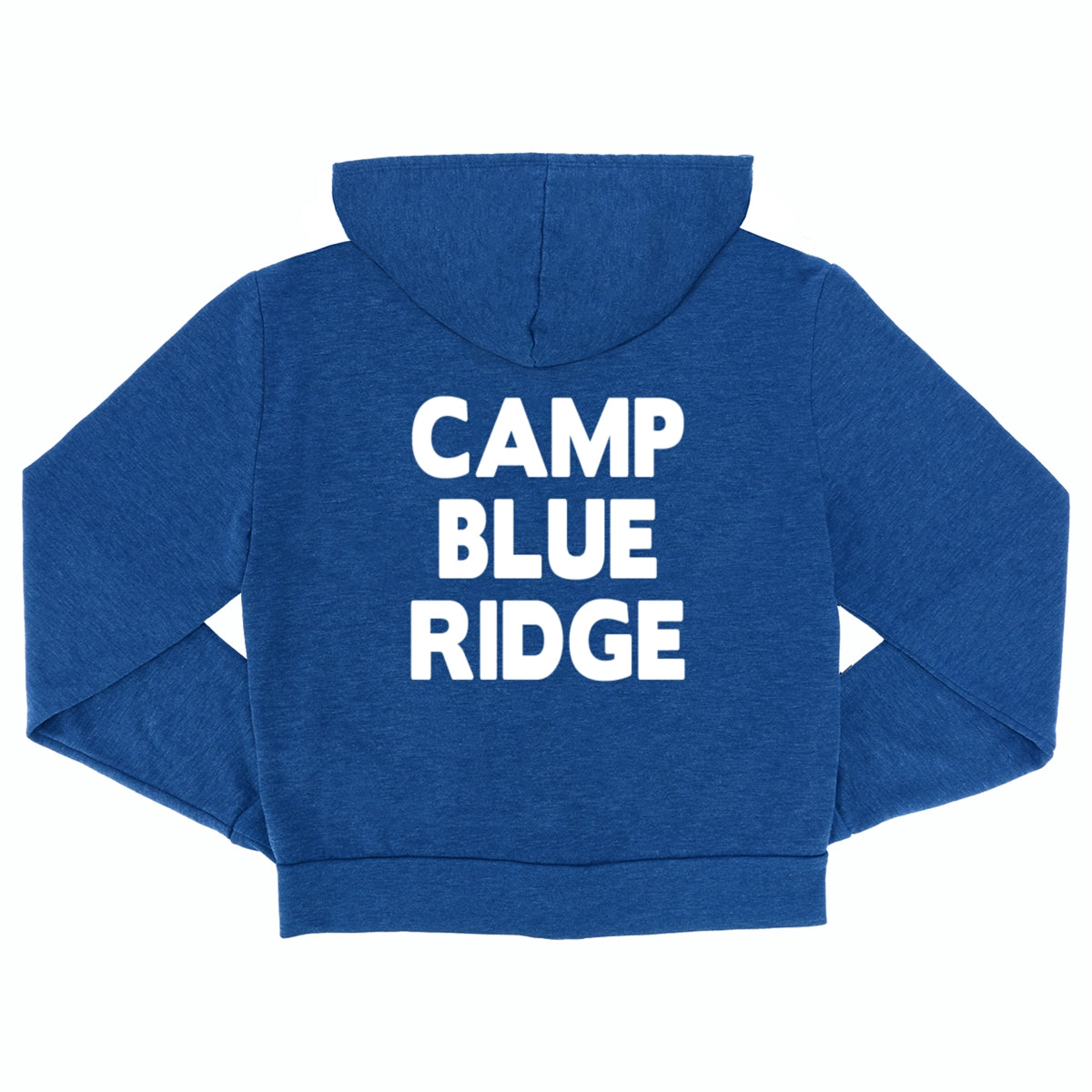 Back view of blue hoodie with white Camp Blue Ridge text