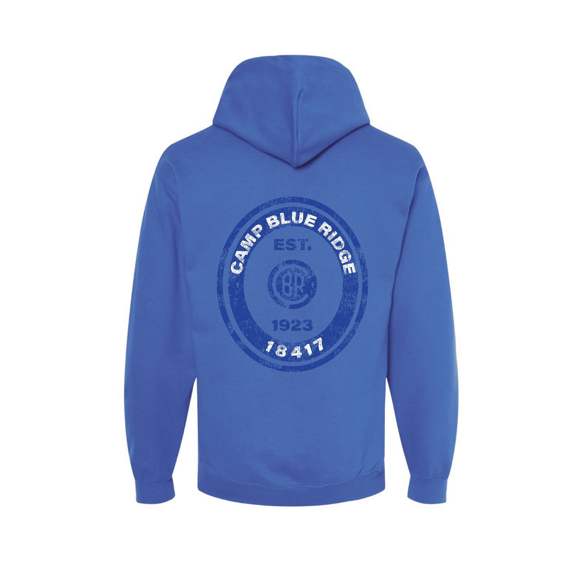Back view of a blue hoodie with a circular Camp Blue Ridge logo print