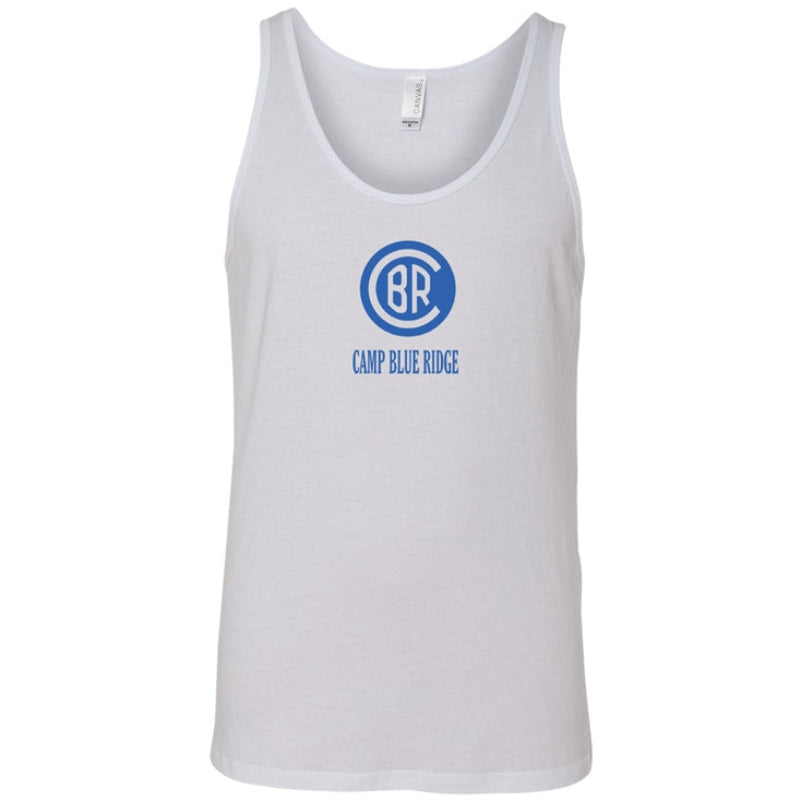 White tank top with blue Camp Blue Ridge logo on chest