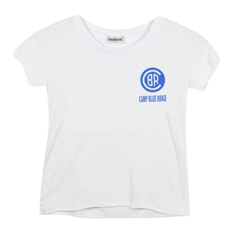 White short sleeve t-shirt with blue Camp Blue Ridge logo on the chest