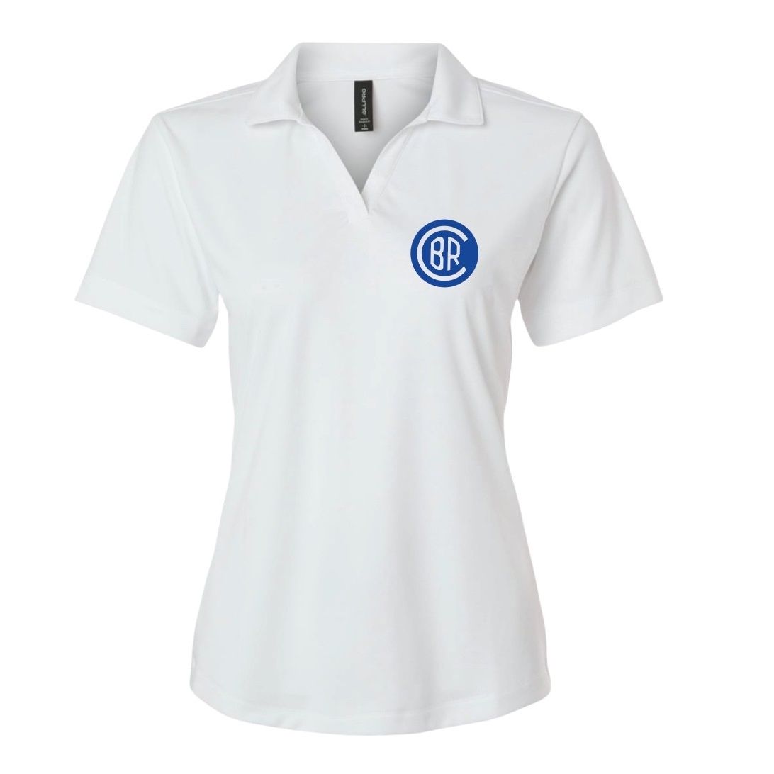White short sleeve polo shirt with blue circular BR logo on chest