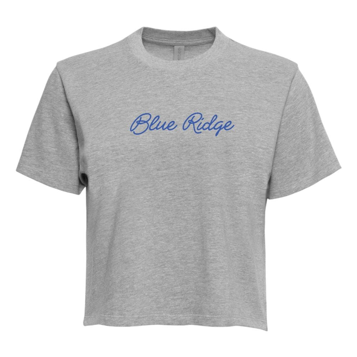 Grey cropped t-shirt with Blue Ridge text in blue script font