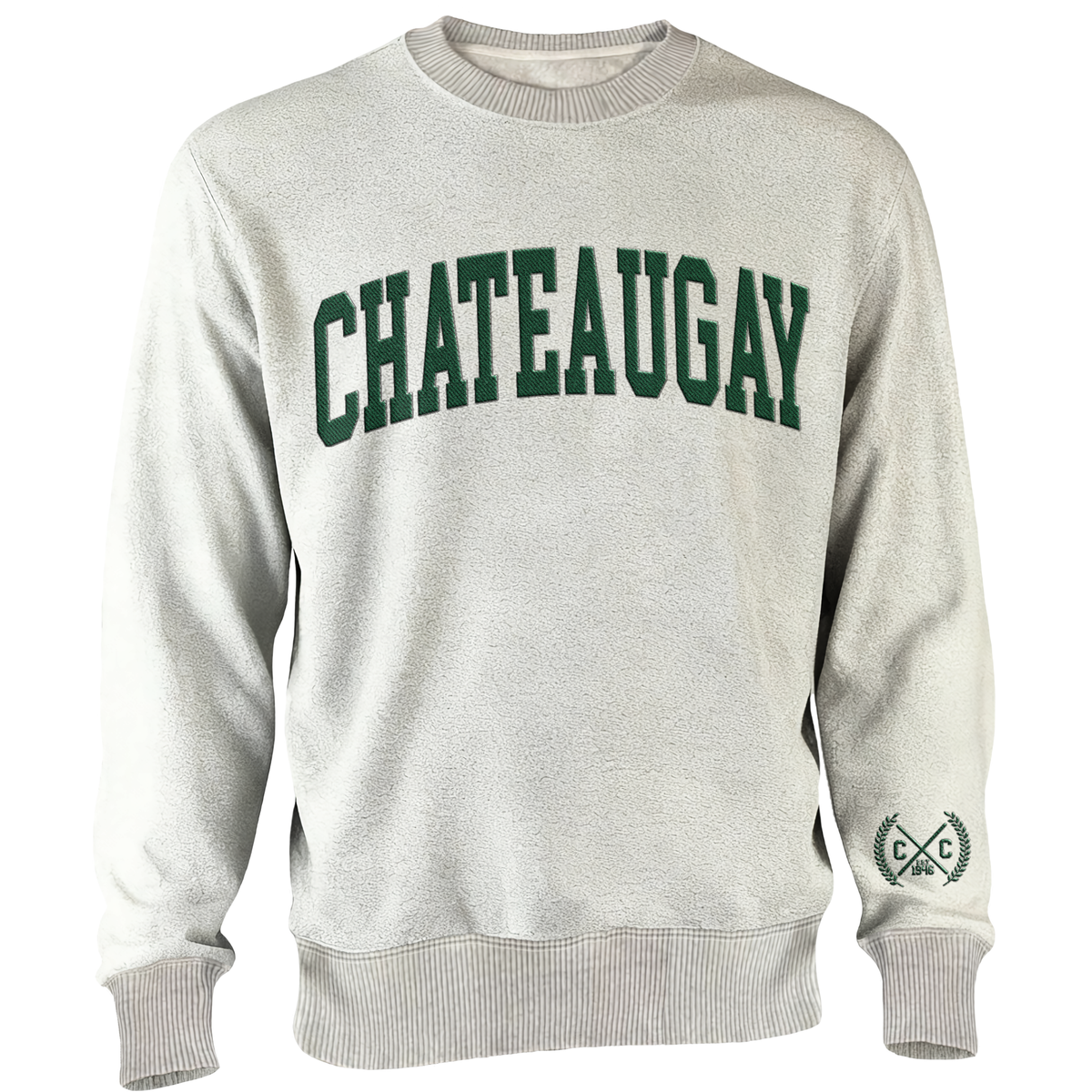 Light grey crewneck sweatshirt with green Chateaugay text and small logo on the left sleeve