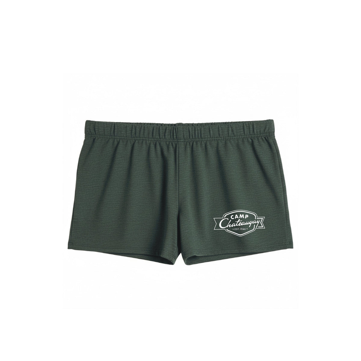 Dark green athletic shorts with Camp Chateaugay logo on the right leg
