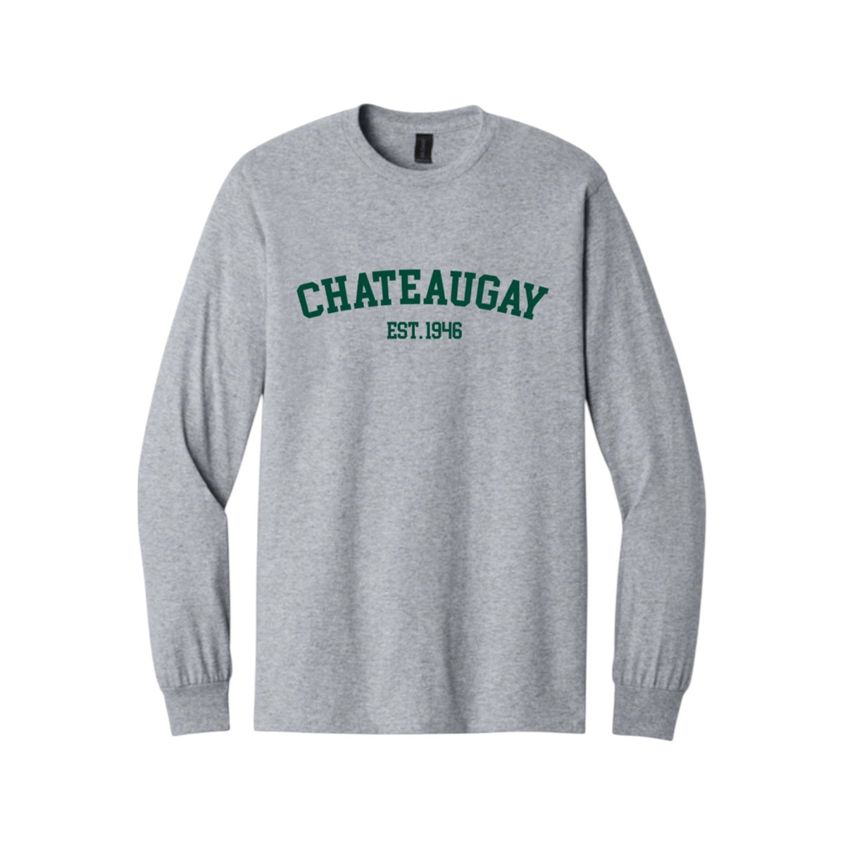 Grey long sleeve crewneck shirt with green Chateaugay Est 1946 text
