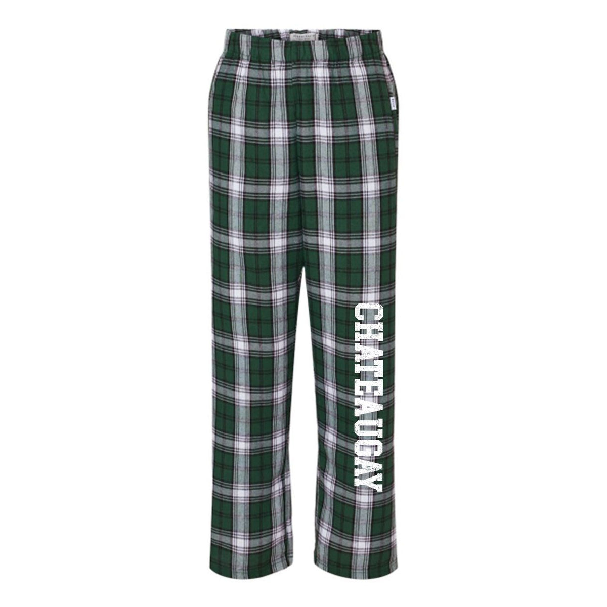 Green and white plaid flannel pajama pants with Chateaugay text printed on the left leg