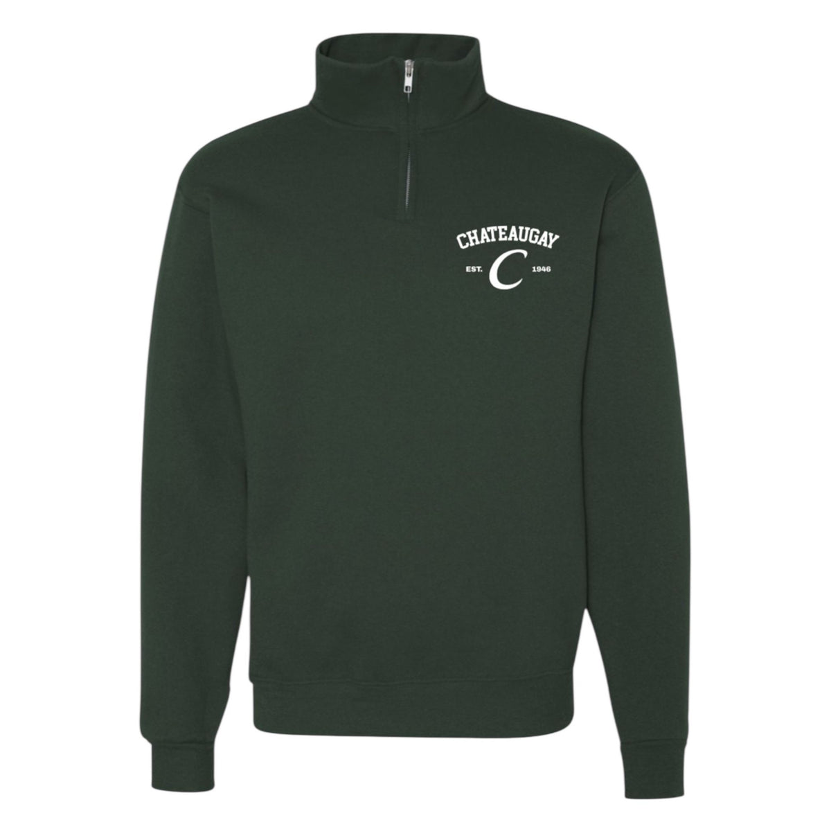Dark green quarter zip sweatshirt with Chateaugay logo on chest