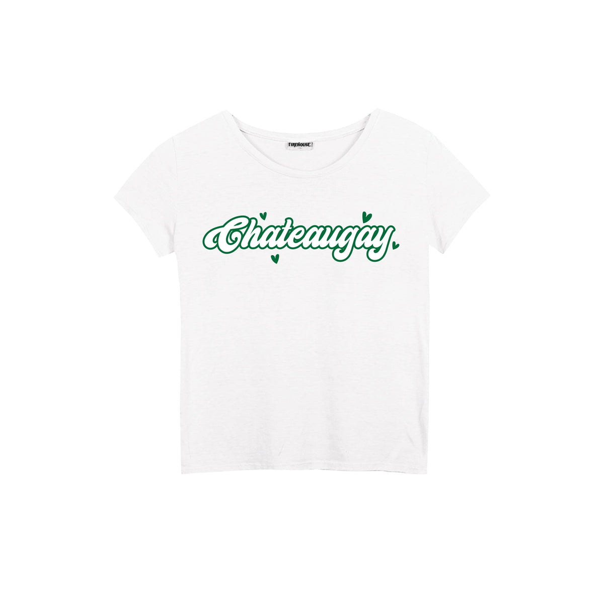 White t-shirt with green cursive text reading Chateaugay and small green heart icons