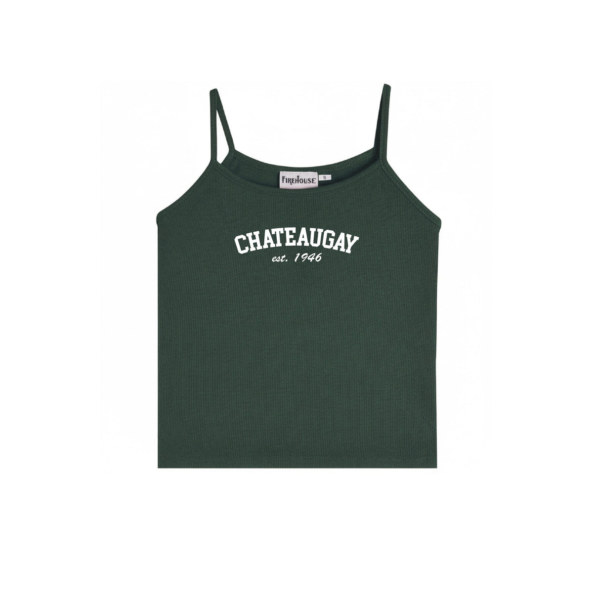 Dark green ribbed camisole with Chateaugay est 1946 text print