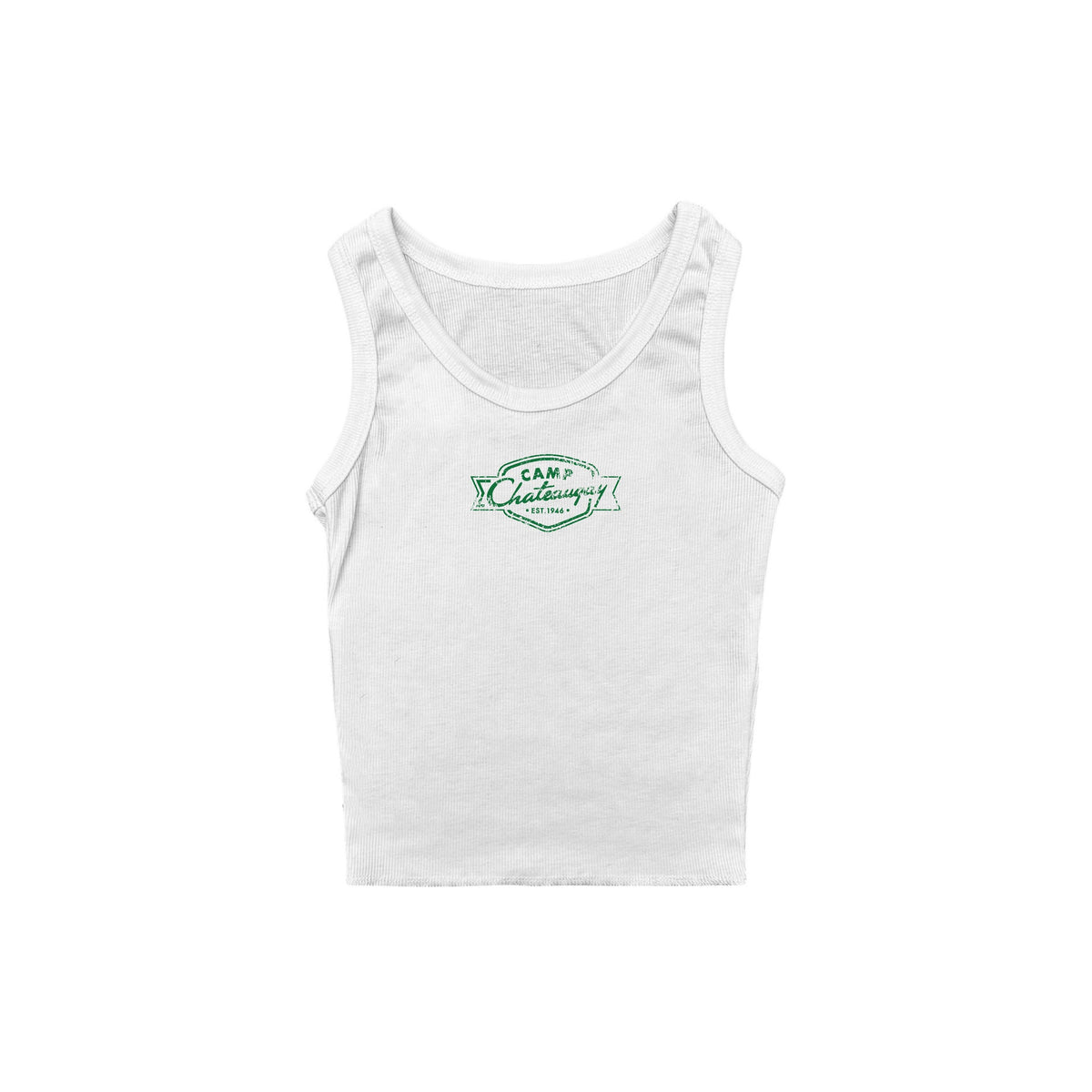 White ribbed tank top with green Camp Chateaugay logo on chest