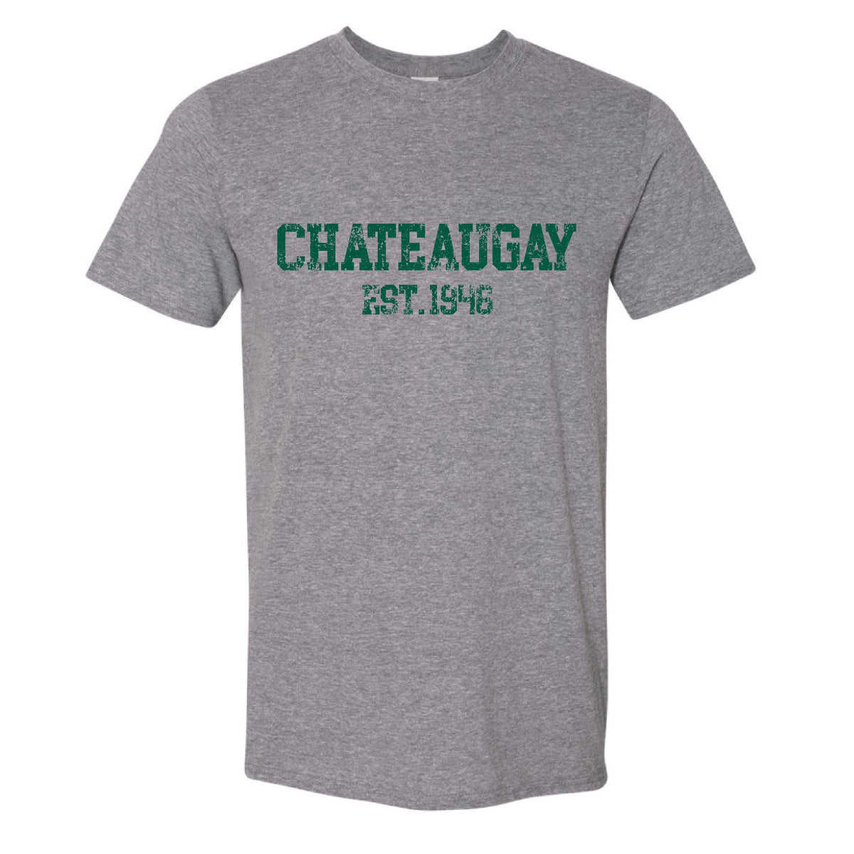 Grey short sleeve t-shirt with green distressed text reading Chateaugay Est 1946
