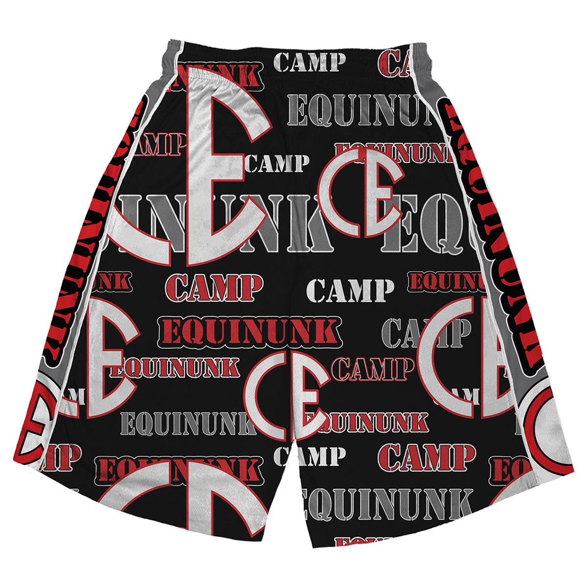Black basketball shorts with white and red Camp Equinunk logo pattern