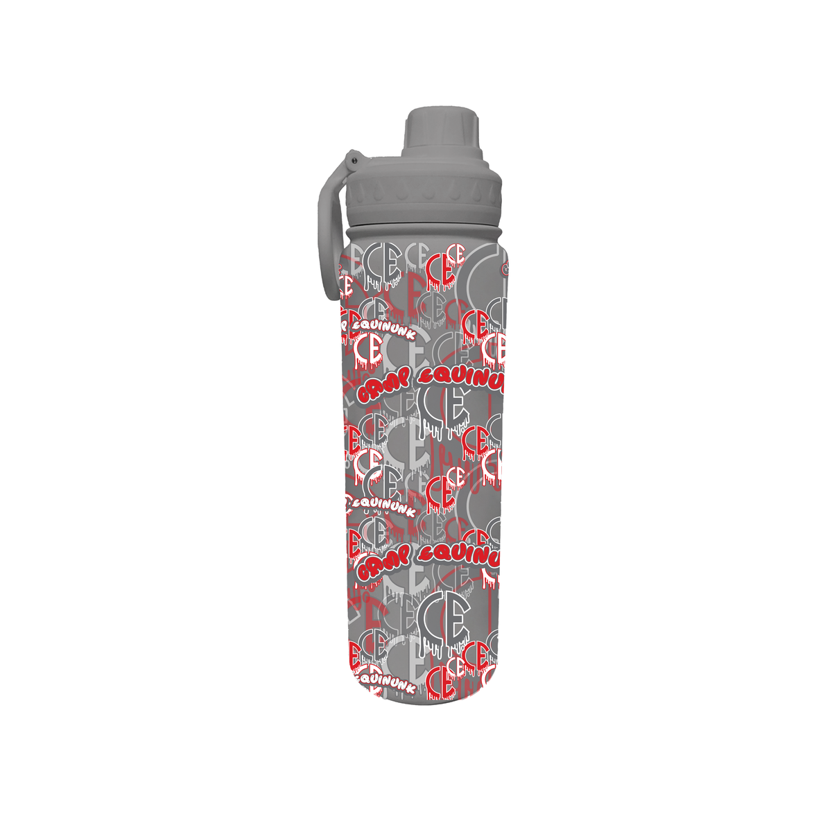 Grey water bottle with repeating red and white Camp Equinunk logo pattern