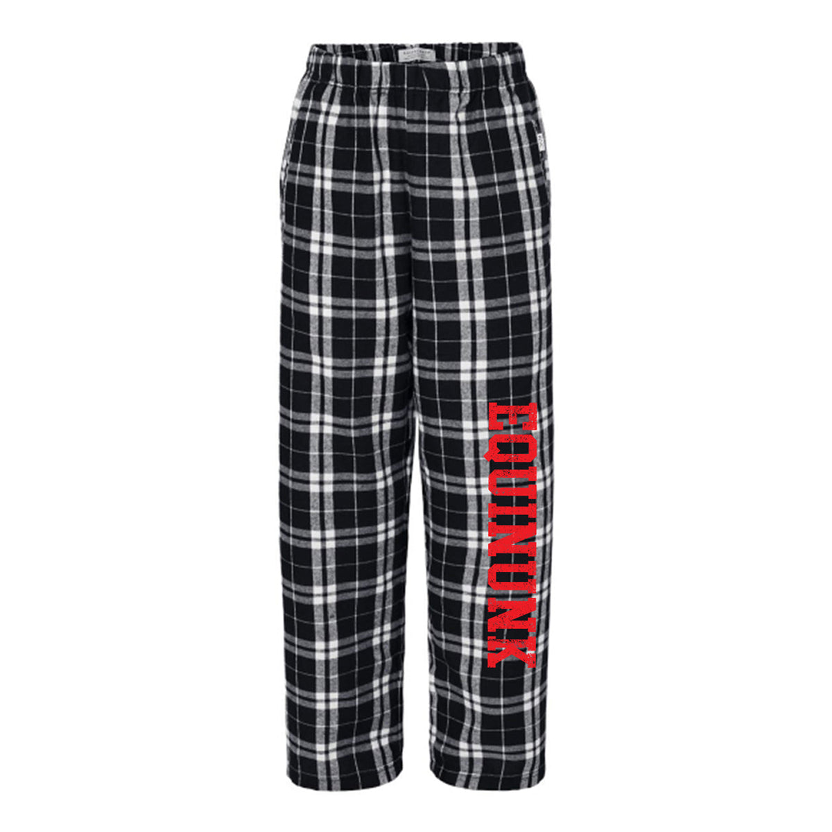 Black and white plaid pajama pants with red Equinunk text on the left leg
