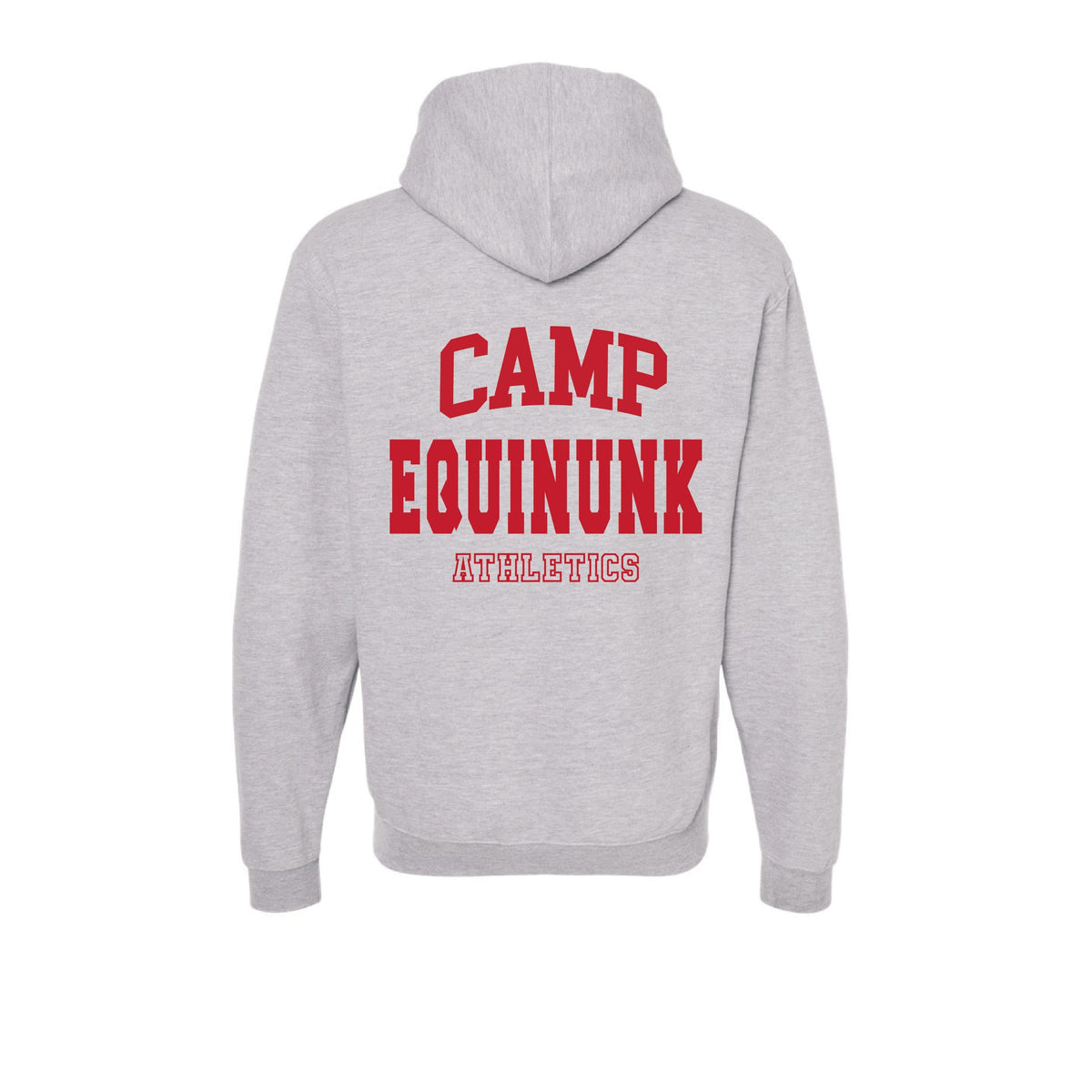 Grey hooded sweatshirt with red Camp Equinunk Athletics text on the back