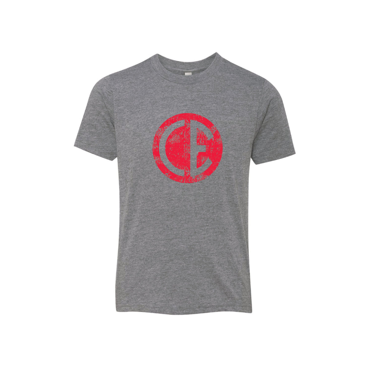 Grey short sleeve t-shirt with a red distressed CE circular logo on the chest