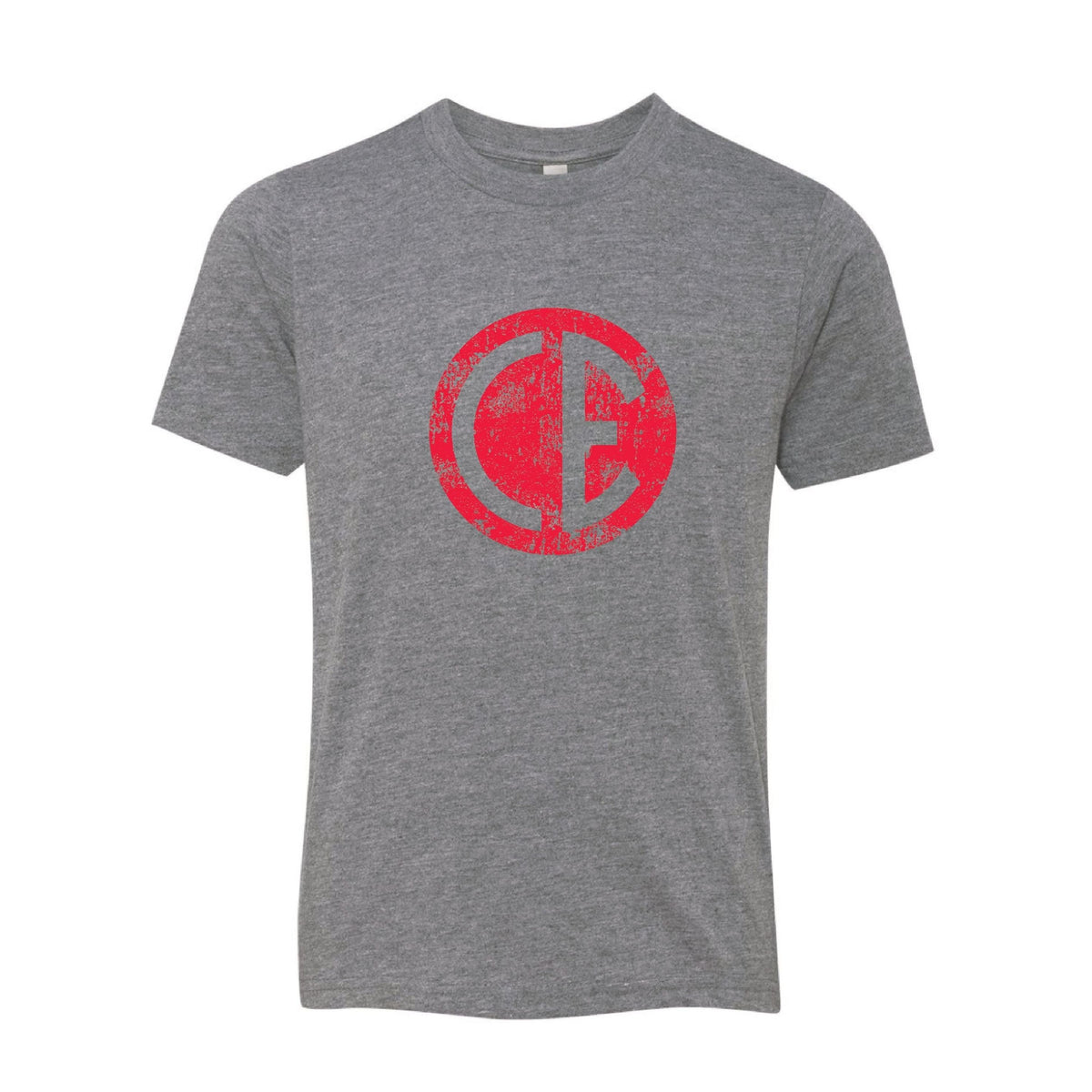 Grey short sleeve t-shirt with a red distressed CE circular logo on the chest
