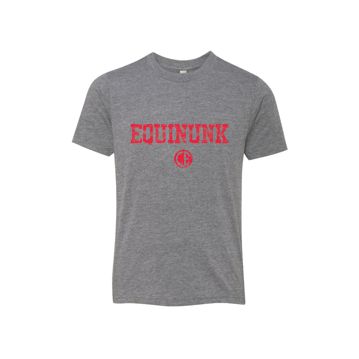 Grey short sleeve t-shirt with red Equinunk text and logo