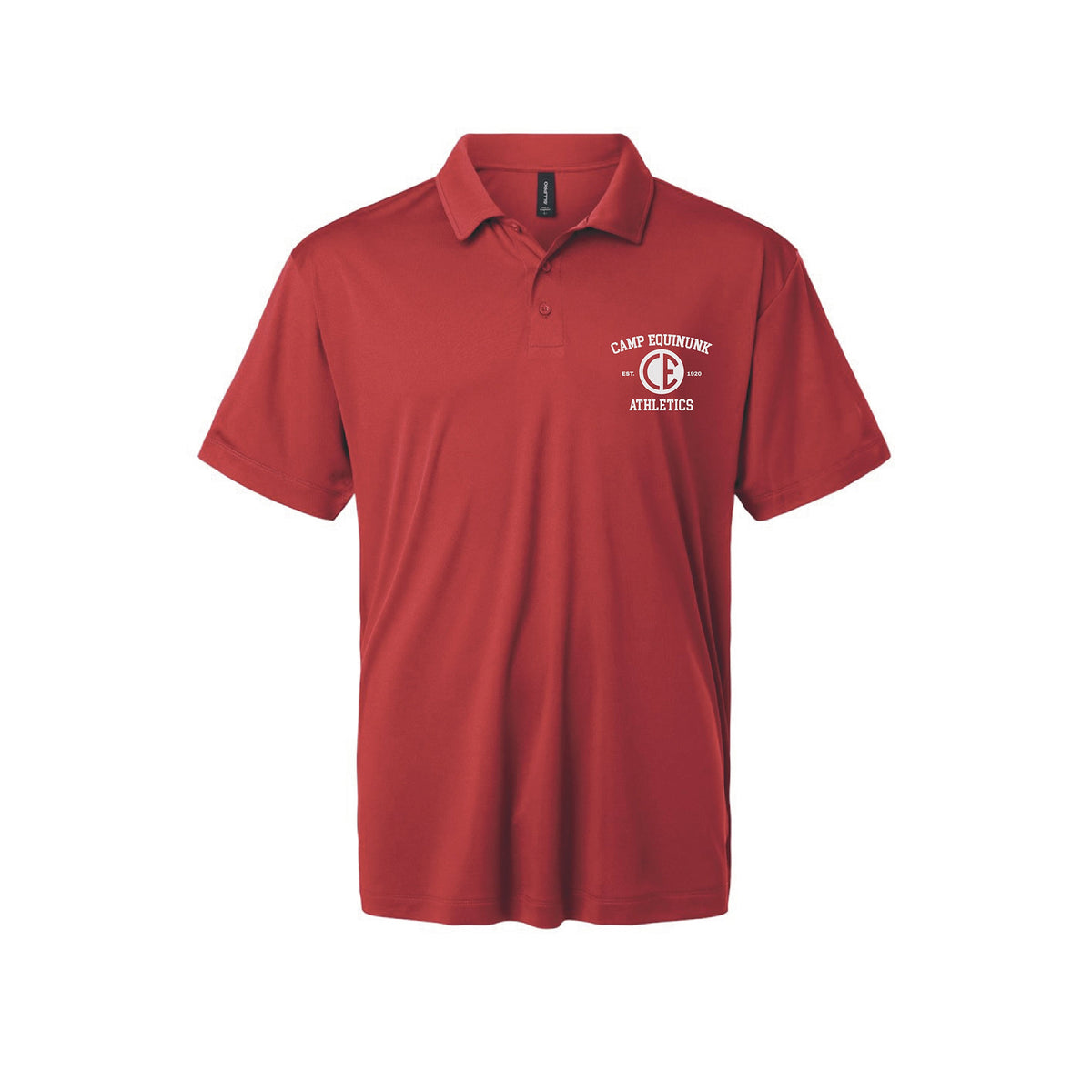 Red short sleeve polo shirt with white Camp Equinunk Athletics logo on the left chest