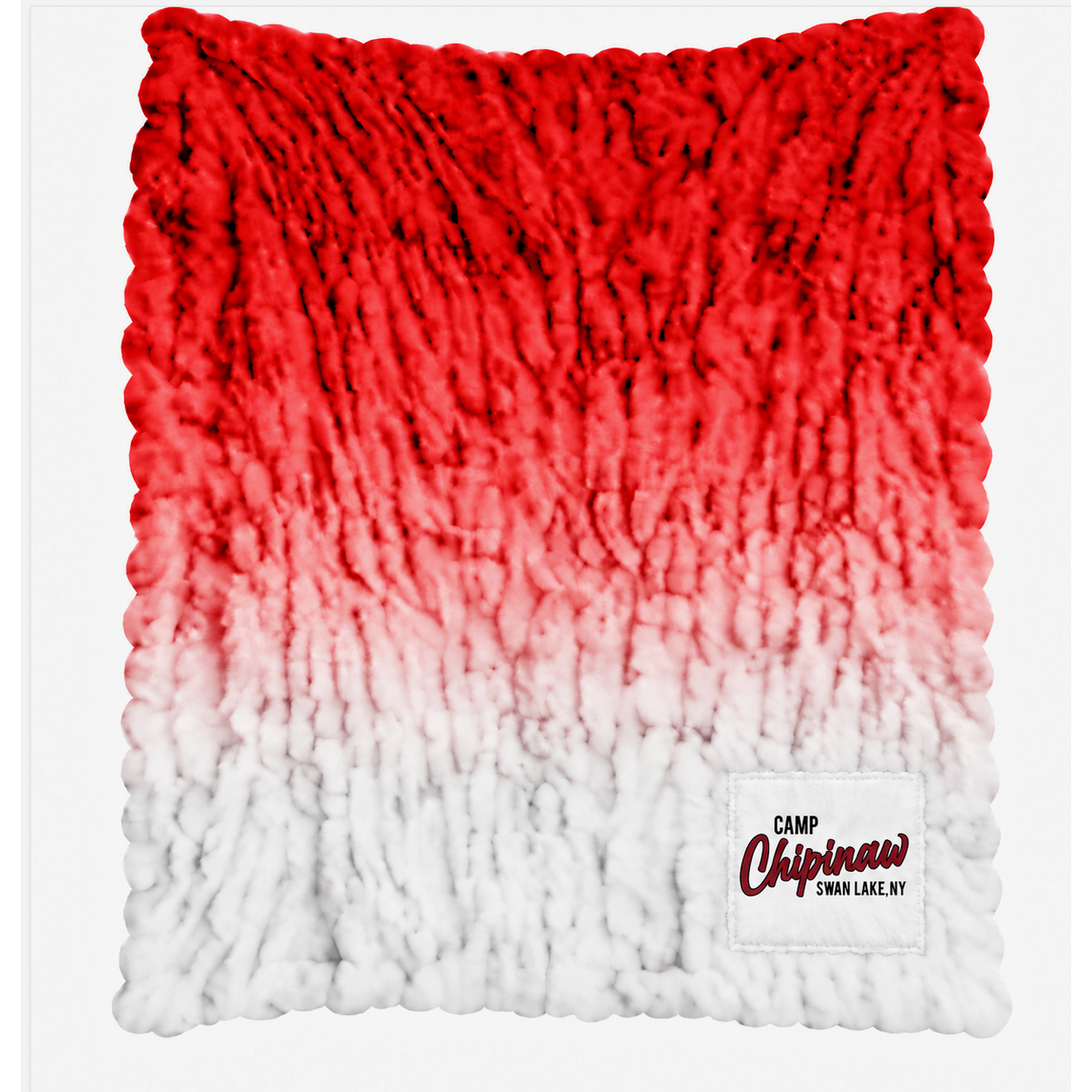 Red and white ombre textured throw blanket with Camp Chipinaw patch