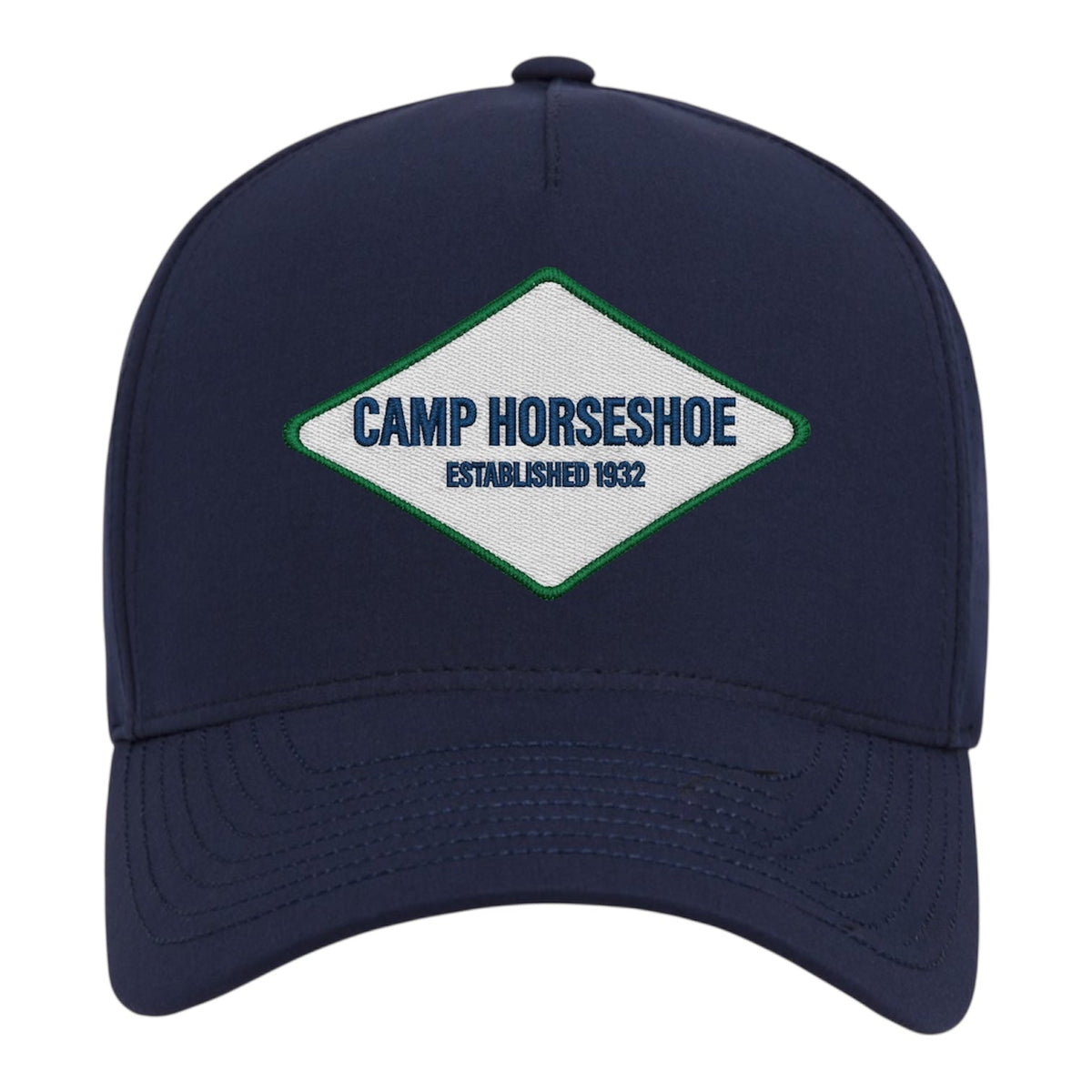 Navy blue baseball cap with a diamond shaped patch reading Camp Horseshoe Established 1932