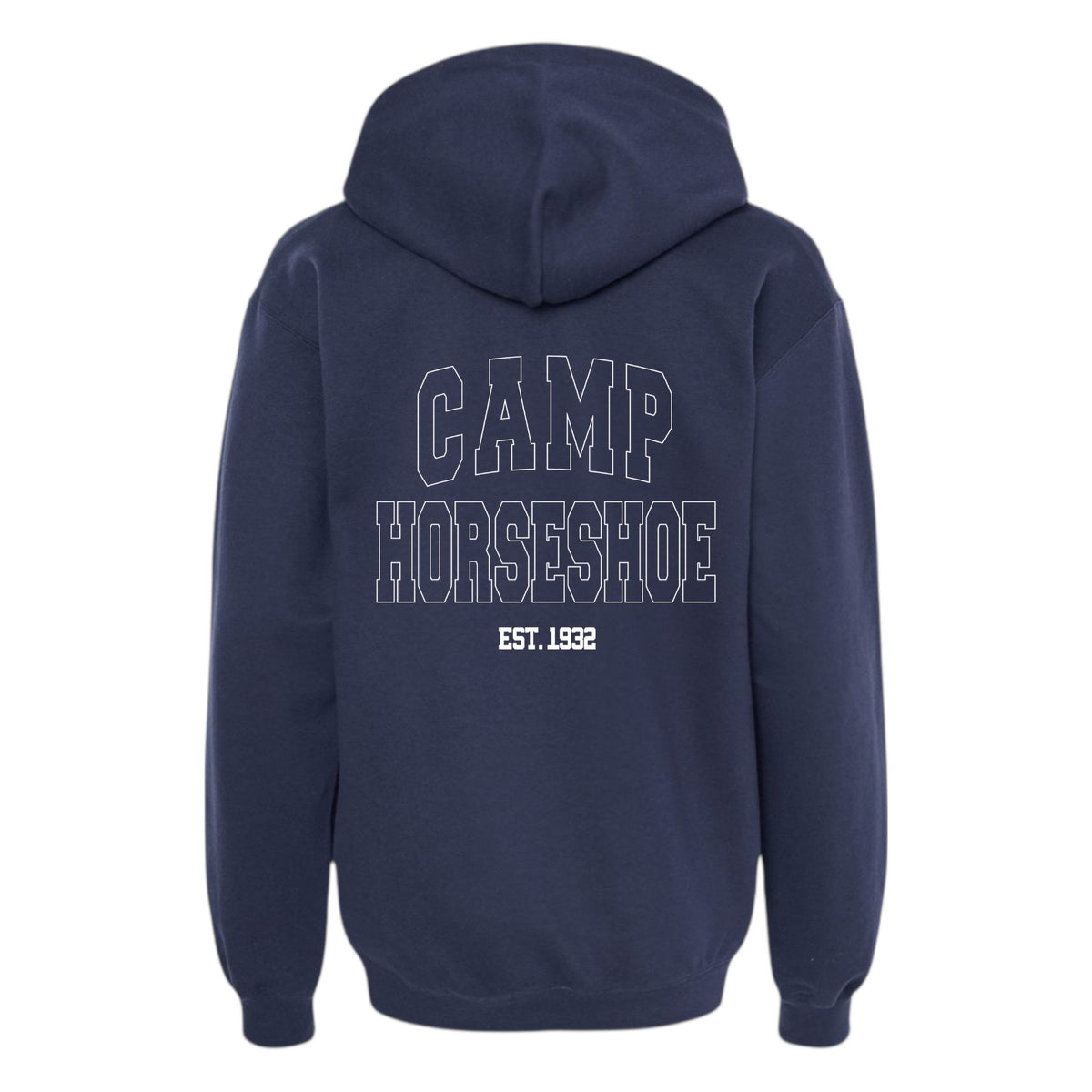 Navy blue hooded sweatshirt with Camp Horseshoe Est 1932 text on the back